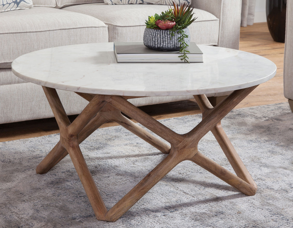 Wyman Banswara 36″ Round White Marble Top Cocktail Table from Steve Silver - Luna Furniture