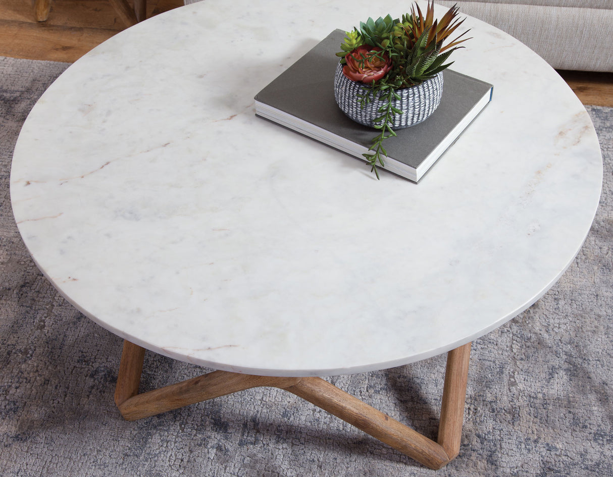 Wyman Banswara 36″ Round White Marble Top Cocktail Table from Steve Silver - Luna Furniture
