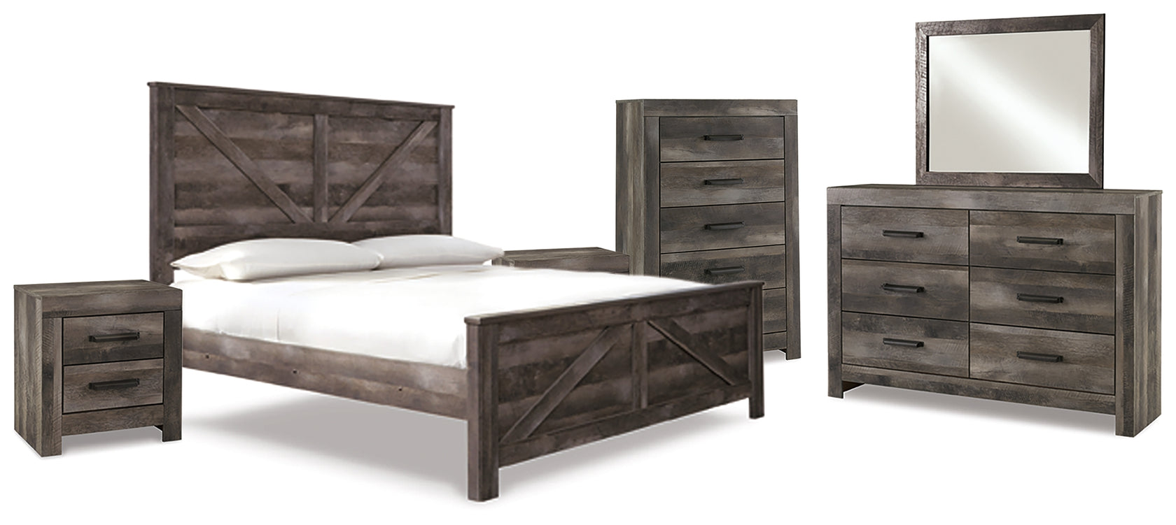 Wynnlow King Crossbuck Panel Bed with Mirrored Dresser, Chest and 2 Nightstands in Gray from Ashley - Luna Furniture