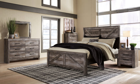 Wynnlow King Crossbuck Panel Bed with Mirrored Dresser, Chest and 2 Nightstands in Gray from Ashley - Luna Furniture