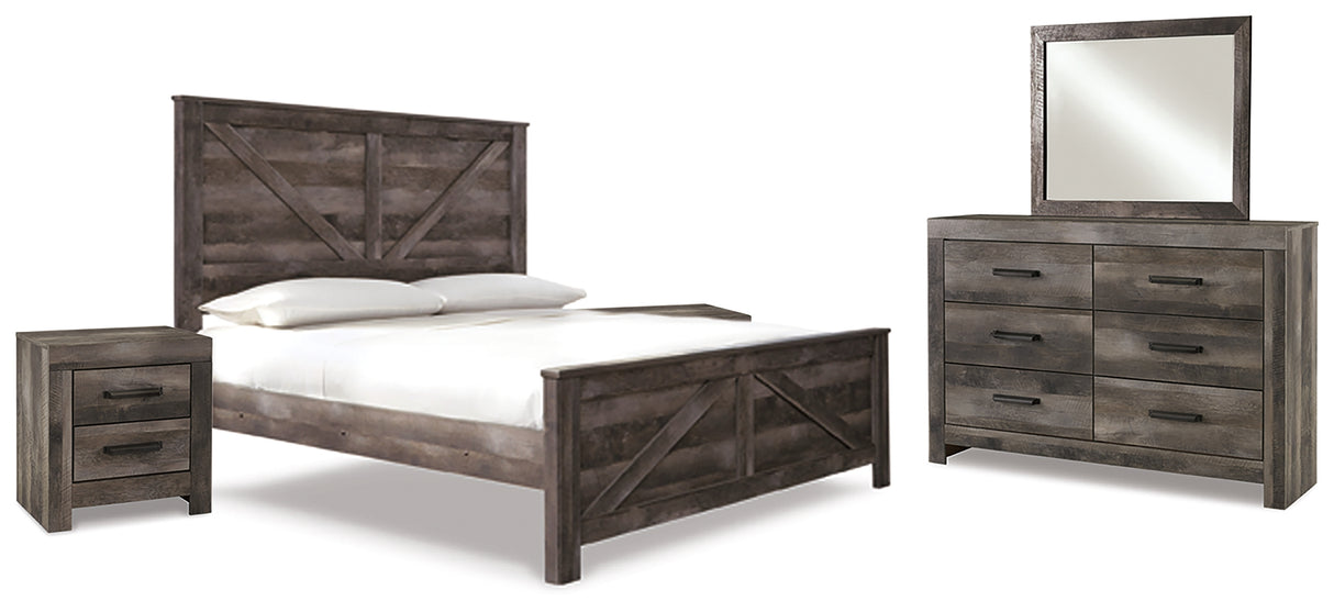 Wynnlow King Crossbuck Panel Bed with Mirrored Dresser and 2 Nightstands in Gray from Ashley - Luna Furniture