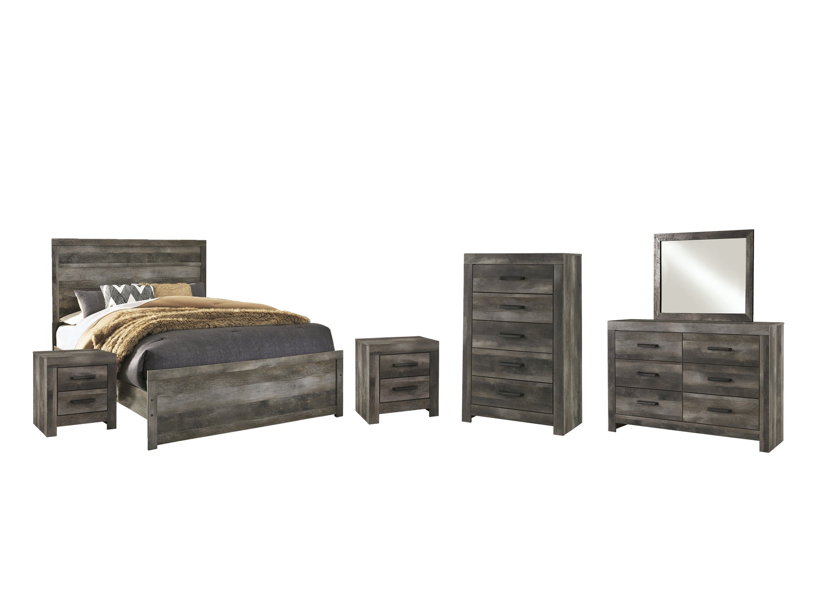 Wynnlow Queen Panel Bed with Mirrored Dresser, Chest and 2 Nightstands in Gray from Ashley - Luna Furniture