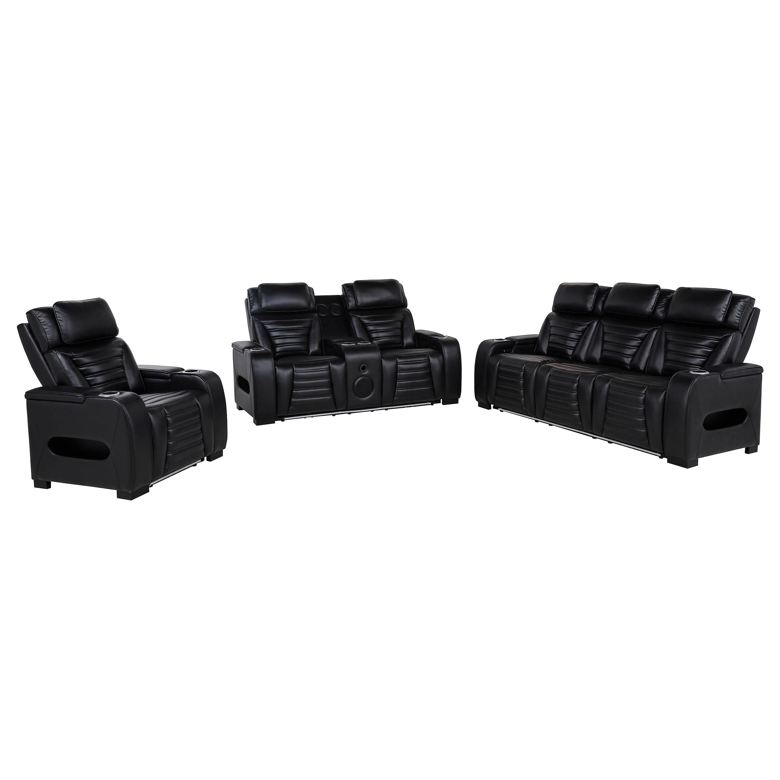 【新品】Soor Ploom Lounge set 8Y Zuma Black 3-Piece Faux Leather Dual Power LED Living Room Set