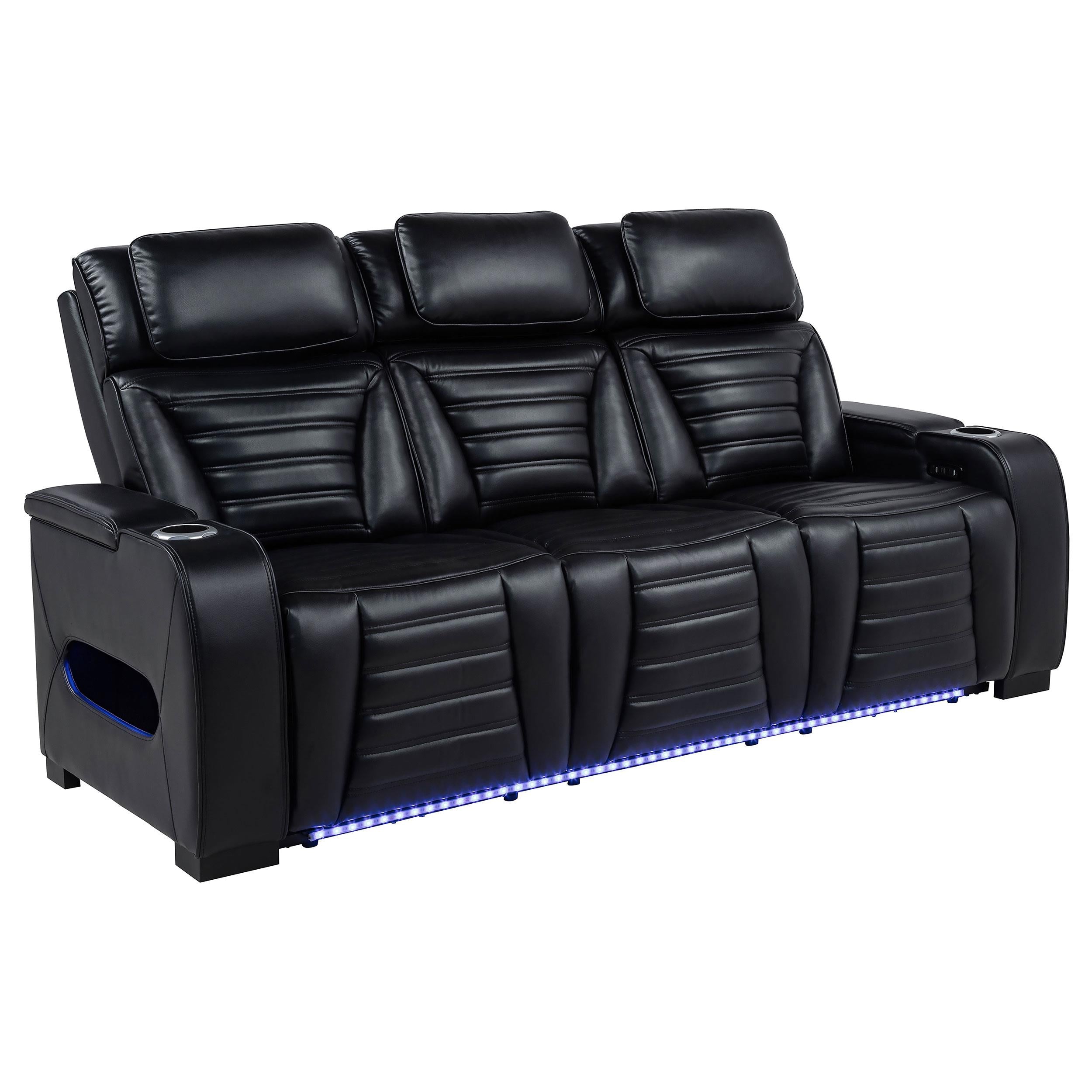 Coaster Zuma Black Faux Leather Dual Power Reclining LED Sofa