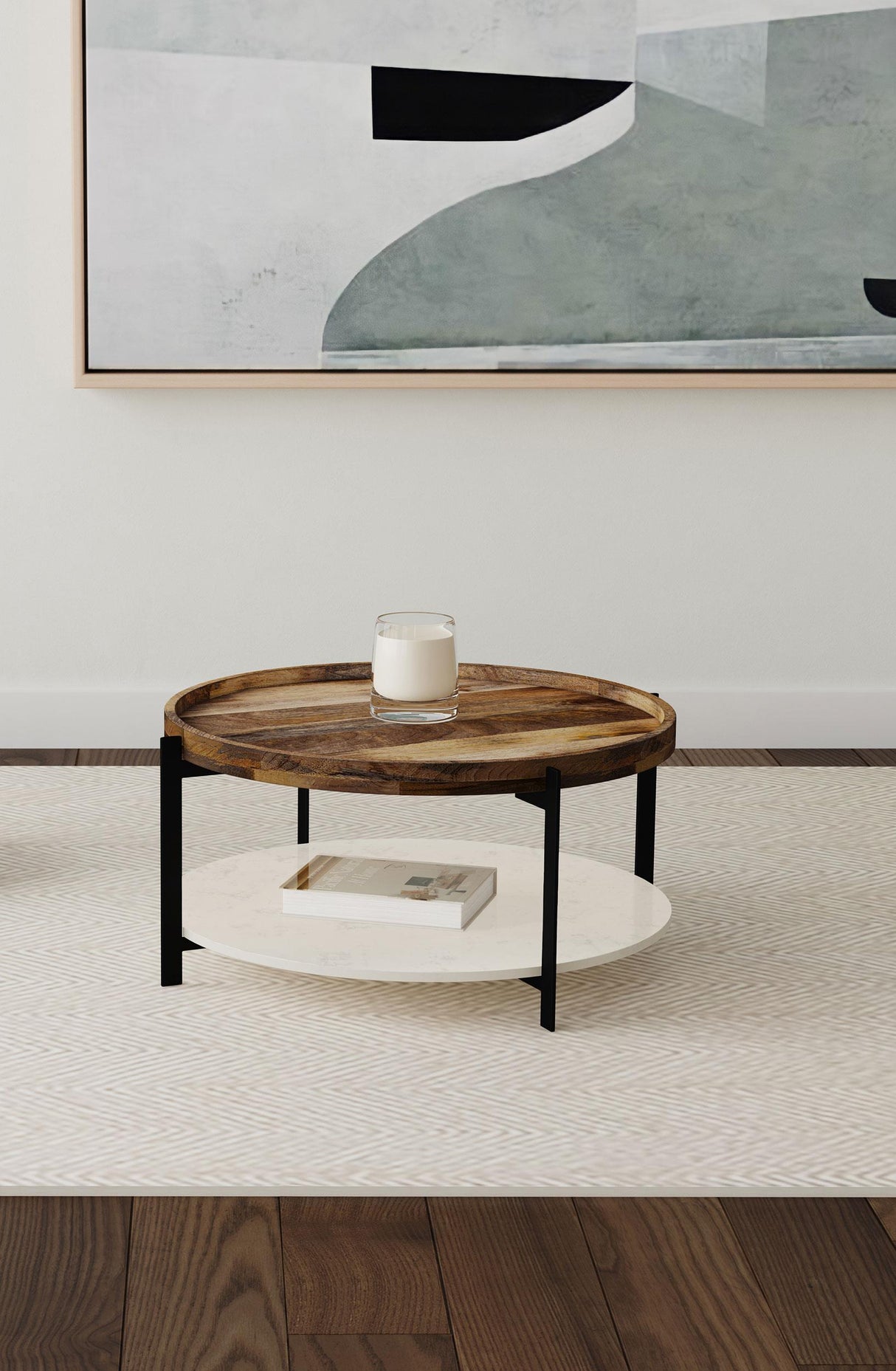 Adhvik Natural Round Wood Top Coffee Table with Marble Shelf from Coaster - Luna Furniture