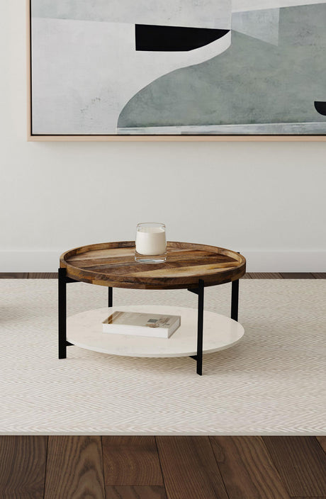 Adhvik Natural Round Wood Top Coffee Table with Marble Shelf from Coaster - Luna Furniture