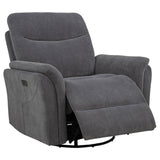 Adler Charcoal Gray Upholstered Power Swivel Glider Recliner from Coaster - Luna Furniture