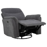 Adler Charcoal Gray Upholstered Power Swivel Glider Recliner from Coaster - Luna Furniture