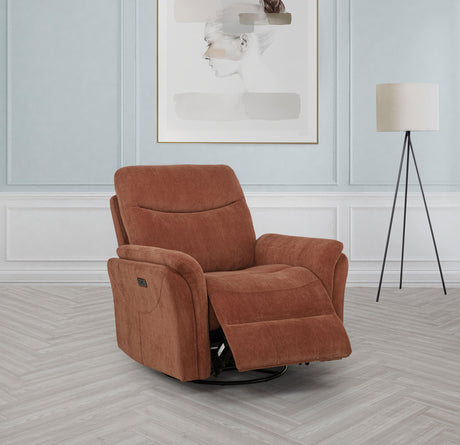 Adler Rust Upholstered Power Swivel Glider Recliner from Coaster - Luna Furniture