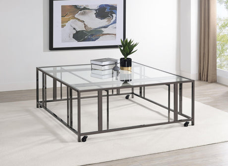 Adri Black Nickel Square Glass Top Coffee Table with Casters from Coaster - Luna Furniture