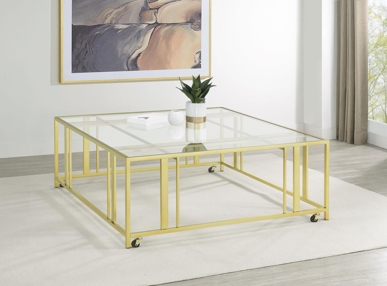 Adri Matte Brass Square Glass Top Coffee Table with Casters from Coaster - Luna Furniture