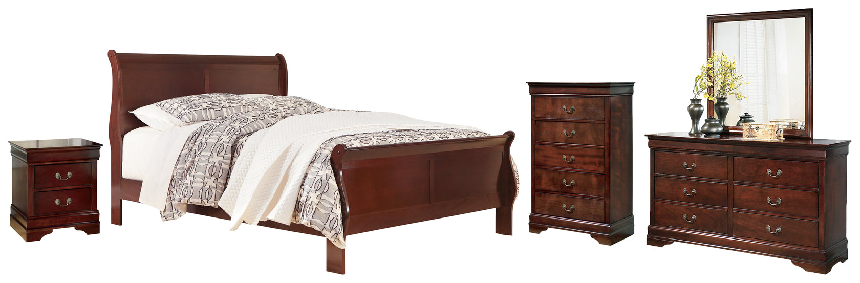 Alisdair California King Sleigh Bed with Mirrored Dresser, Chest and Nightstand in Reddish Brown from Ashley - Luna Furniture