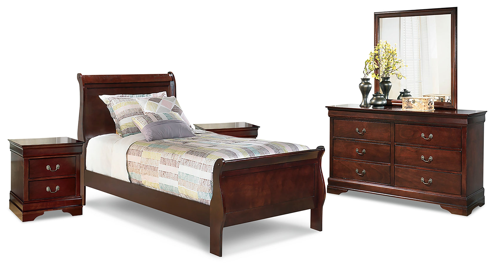 Alisdair Twin Sleigh Bed with Mirrored Dresser and 2 Nightstands in Reddish Brown from Ashley - Luna Furniture