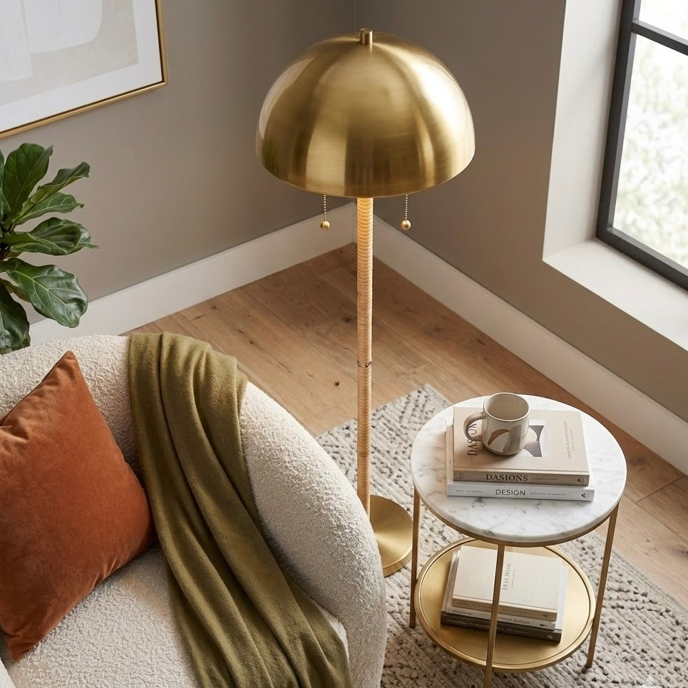 Allure 2-Light Floor Lamp, Gold Brass, Natural Rattan Tube , Double On/Off Pull Chain from Ashcroft Furniture - Luna Furniture