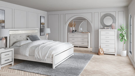 Altyra King Panel Bed with Mirrored Dresser, Chest and 2 Nightstands in White from Ashley - Luna Furniture