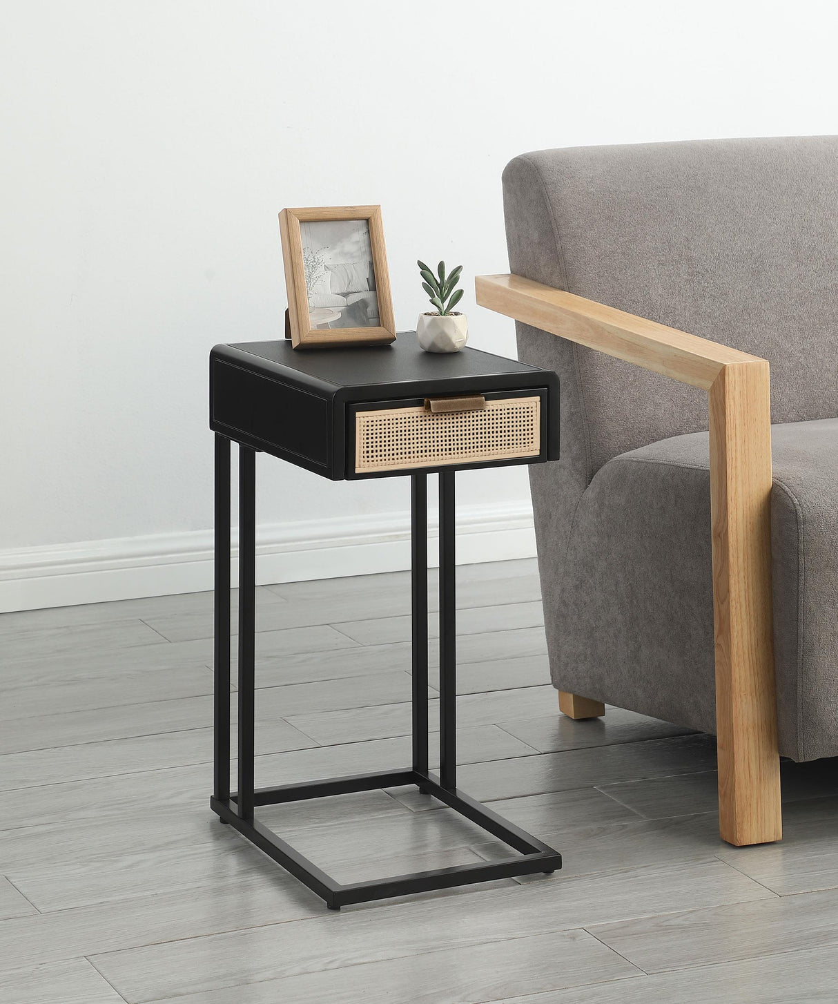 Amherst Black 1-Drawer Radio Weave Cane Metal Side Table from Coaster - Luna Furniture