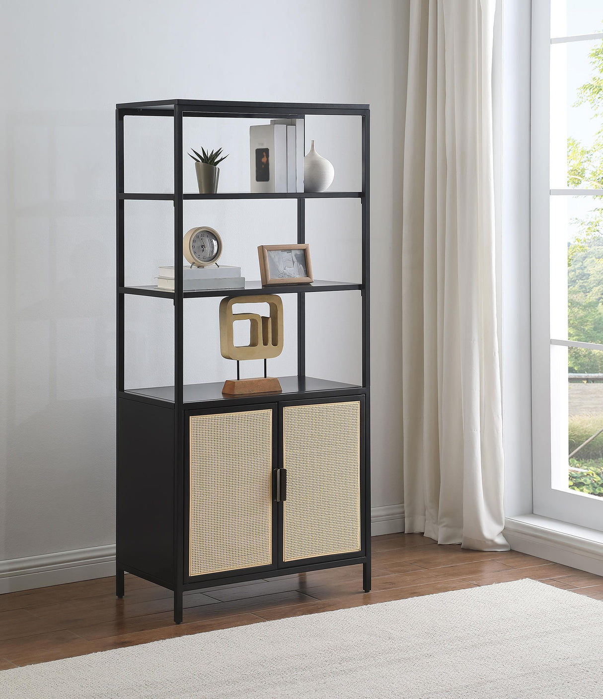 Amherst Black 3-Shelf Radio Weave Cane Metal Accent Cabinet from Coaster - Luna Furniture