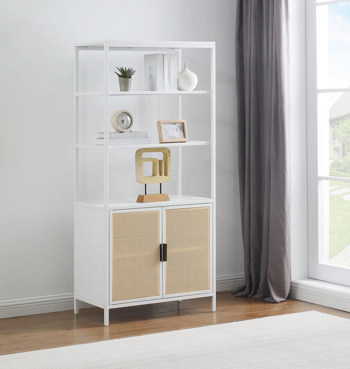 Amherst White 3-Shelf Radio Weave Cane Metal Accent Cabinet from Coaster - Luna Furniture