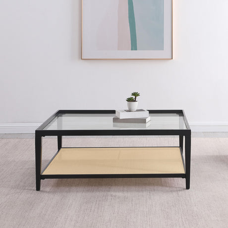 Amherst Black Glass Top Metal Coffee Table with Cane Shelf from Coaster - Luna Furniture