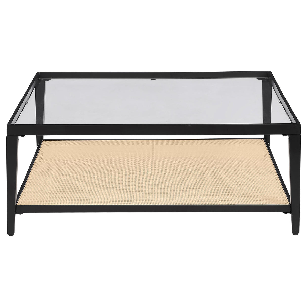 Amherst Black Glass Top Metal Coffee Table with Cane Shelf from Coaster - Luna Furniture
