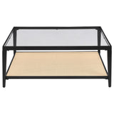 Amherst Black Glass Top Metal Coffee Table with Cane Shelf from Coaster - Luna Furniture