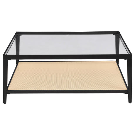 Amherst Black Glass Top Metal Coffee Table with Cane Shelf from Coaster - Luna Furniture