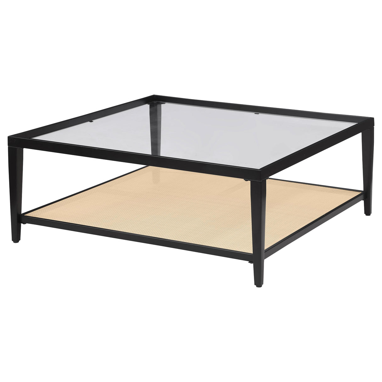 Amherst Black Glass Top Metal Coffee Table with Cane Shelf from Coaster - Luna Furniture