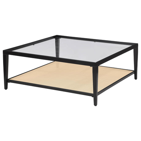 Amherst Black Glass Top Metal Coffee Table with Cane Shelf from Coaster - Luna Furniture