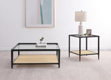Amherst Black Glass Top Metal Coffee Table with Cane Shelf from Coaster - Luna Furniture