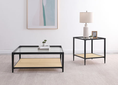 Amherst Black Glass Top Metal Coffee Table with Cane Shelf from Coaster - Luna Furniture