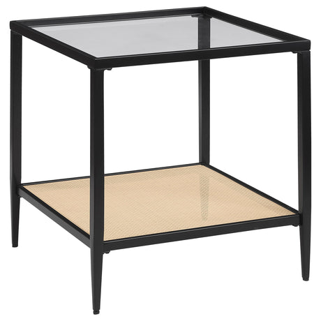 Amherst Black Glass Top Metal End Table with Cane Shelf from Coaster - Luna Furniture