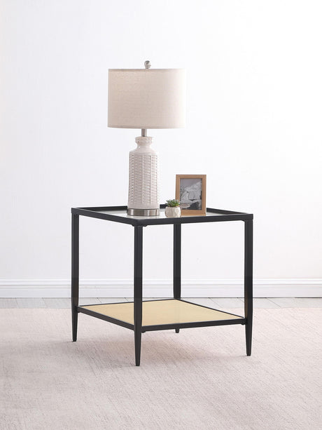 Amherst Black Glass Top Metal End Table with Cane Shelf from Coaster - Luna Furniture