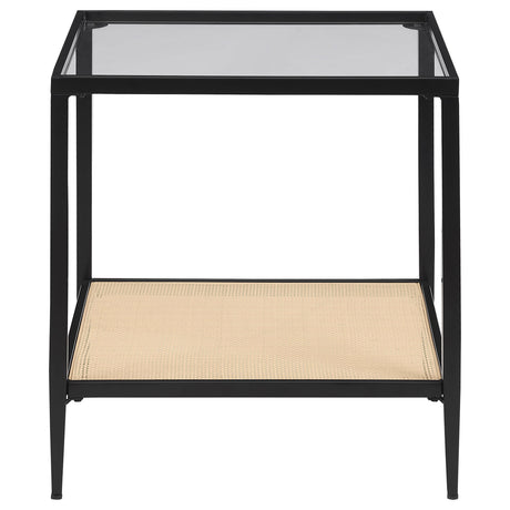 Amherst Black Glass Top Metal End Table with Cane Shelf from Coaster - Luna Furniture