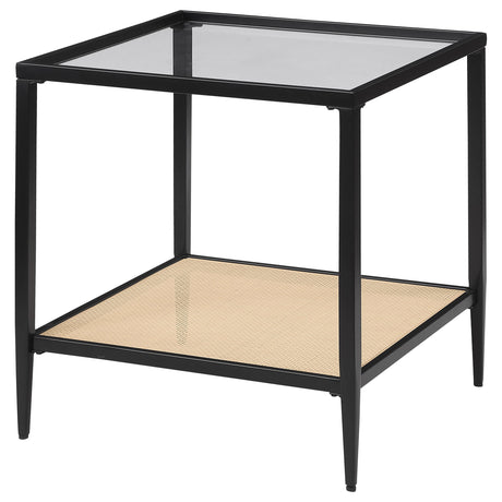 Amherst Black Glass Top Metal End Table with Cane Shelf from Coaster - Luna Furniture