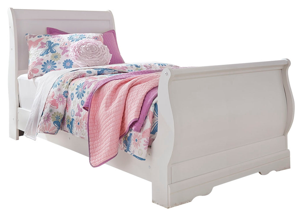 Anarasia White Twin Sleigh Bed with Mirrored Dresser and 2 Nightstands from Ashley Furniture - Luna Furniture