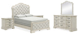 Arlendyne Queen Upholstered Bed with Mirrored Dresser and 2 Nightstands in Antique White from Ashley - Luna Furniture
