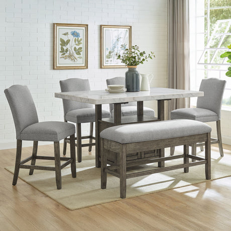 Grayson Gray/Driftwood 6-Piece White Marble Top Counter Height Dining Table Set with Bench from Steve Silver - Luna Furniture