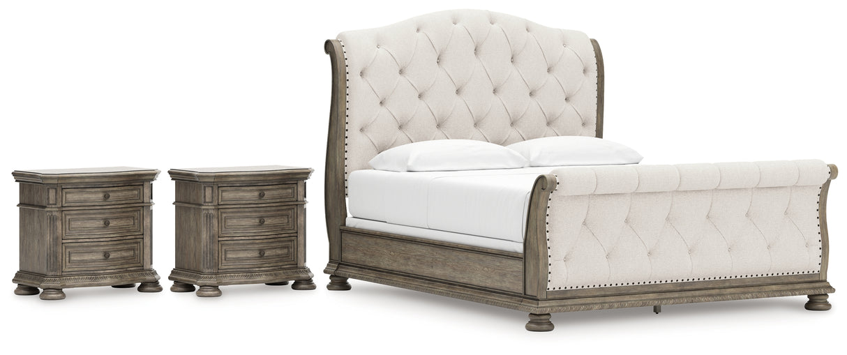 Ardenfield California King Upholstered Sleigh Bed with 2 Nightstands in Light Brown from Ashley - Luna Furniture