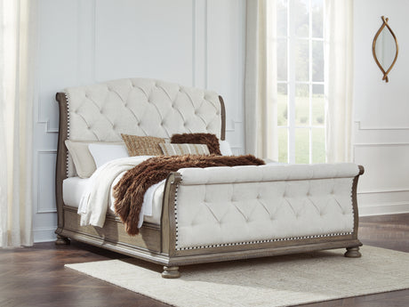 Ardenfield California King Upholstered Sleigh Bed with Dresser and 2 Nightstands in Light Brown from Ashley - Luna Furniture