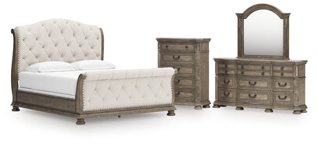 Ardenfield California King Upholstered Sleigh Bed with Mirrored Dresser and Chest in Light Brown from Ashley - Luna Furniture