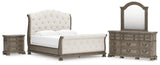 Ardenfield California King Upholstered Sleigh Bed with Mirrored Dresser and Nightstand in Light Brown from Ashley - Luna Furniture