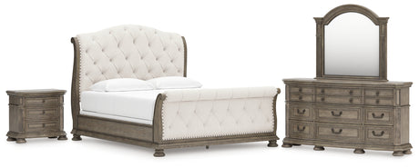 Ardenfield California King Upholstered Sleigh Bed with Mirrored Dresser and Nightstand in Light Brown from Ashley - Luna Furniture