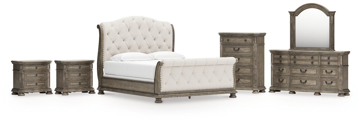 Ardenfield California King Upholstered Sleigh Bed with Mirrored Dresser, Chest and 2 Nightstands in Light Brown from Ashley - Luna Furniture