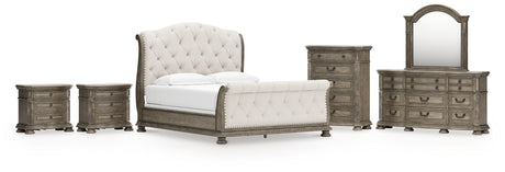 Ardenfield California King Upholstered Sleigh Bed with Mirrored Dresser, Chest and 2 Nightstands in Light Brown from Ashley - Luna Furniture