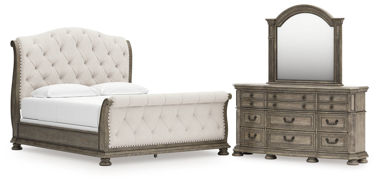 Ardenfield California King Upholstered Sleigh Bed with Mirrored Dresser in Light Brown from Ashley - Luna Furniture