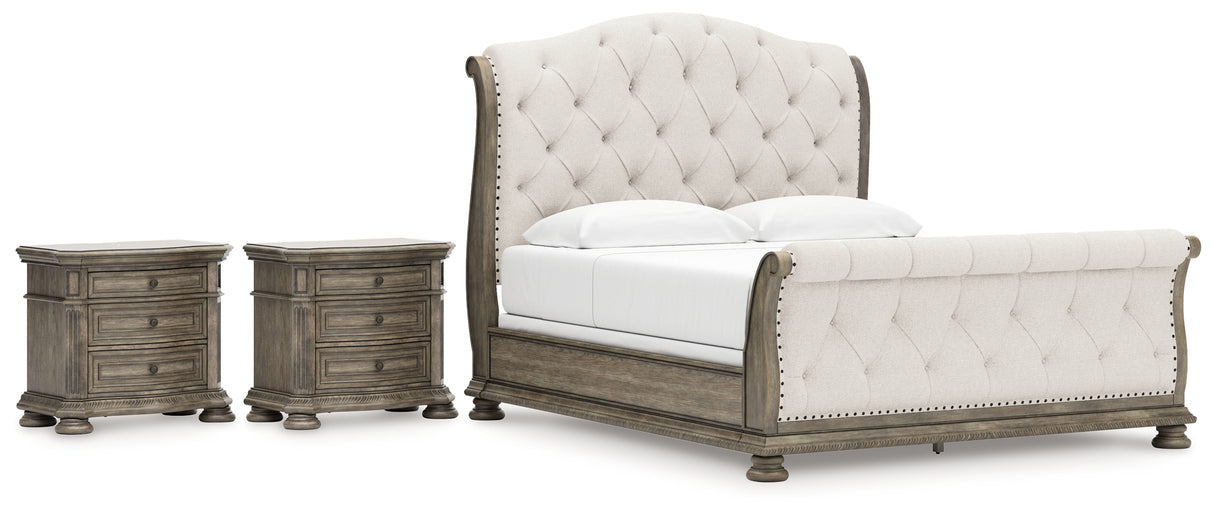 Ardenfield King Upholstered Sleigh Bed with 2 Nightstands in Light Brown from Ashley - Luna Furniture