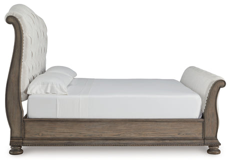 Ardenfield King Upholstered Sleigh Bed with Dresser and 2 Nightstands in Light Brown from Ashley Furniture - Luna Furniture
