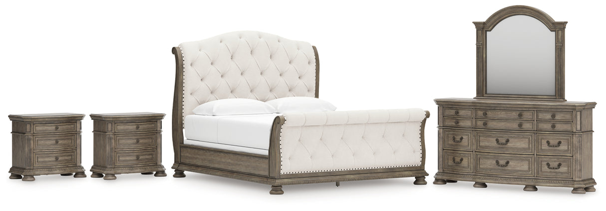 Ardenfield King Upholstered Sleigh Bed with Mirrored Dresser and 2 Nightstands in Light Brown from Ashley Furniture - Luna Furniture