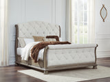 Ardenfield King Upholstered Sleigh Bed with Mirrored Dresser and Nightstand in Light Brown from Ashley - Luna Furniture