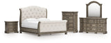 Ardenfield King Upholstered Sleigh Bed with Mirrored Dresser, Chest and Nightstand in Light Brown from Ashley - Luna Furniture